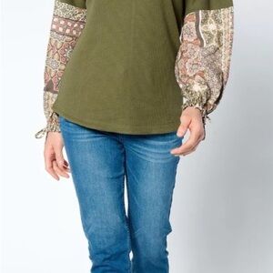 Belle Boho Green Waffle Patchwork Peasant Sleeves Shirt M-Cottagecore Garden